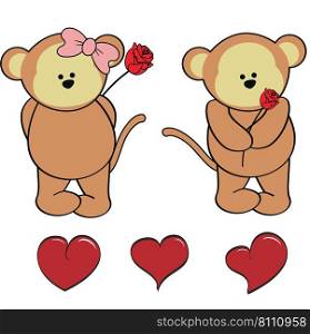 Monkey character cartoon valentine rose pack Vector Image