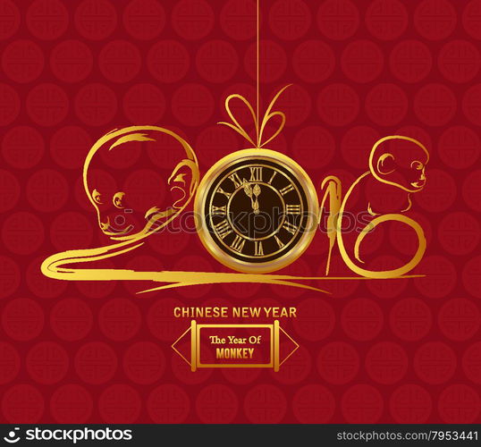 monkey design for Chinese New Year. Gold clock