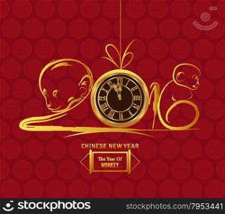 monkey design for Chinese New Year. Gold clock