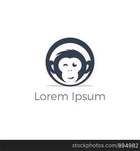 Monkey face in circle logo design, chimpanzee face vector icon, animal illustration