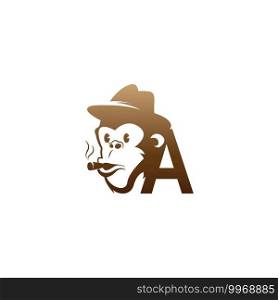 Monkey head icon logo with letter A template design illustration