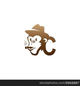 Monkey head icon logo with letter C template design illustration