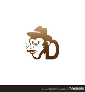 Monkey head icon logo with letter D template design illustration