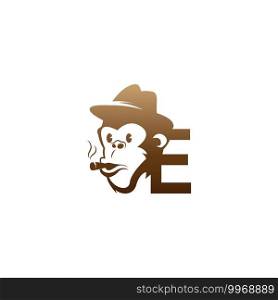 Monkey head icon logo with letter E template design illustration