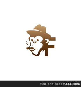 Monkey head icon logo with letter F template design illustration
