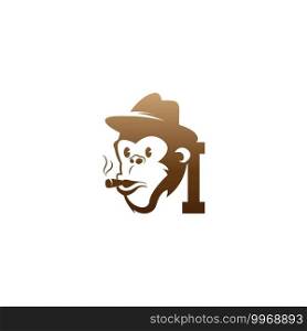 Monkey head icon logo with letter I template design illustration