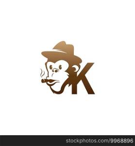 Monkey head icon logo with letter K template design illustration