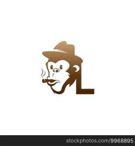 Monkey head icon logo with letter L template design illustration