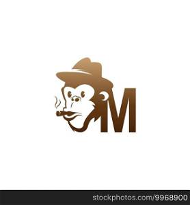 Monkey head icon logo with letter M template design illustration