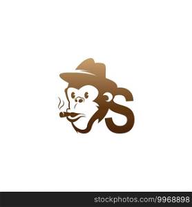 Monkey head icon logo with letter S template design illustration