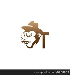 Monkey head icon logo with letter T template design illustration