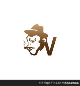 Monkey head icon logo with letter V template design illustration
