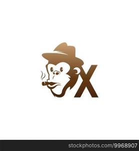 Monkey head icon logo with letter X template design illustration