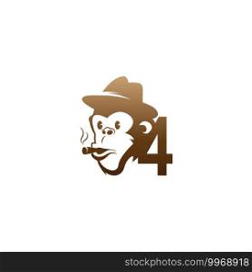 Monkey head icon logo with number 4 template design illustration