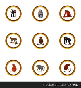 Monkey icons set. Cartoon style set of 9 monkey vector icons for web design. Monkey icons set, cartoon style