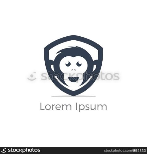 Monkey in shield logo design, chimpanzee face vector icon, animal illustration
