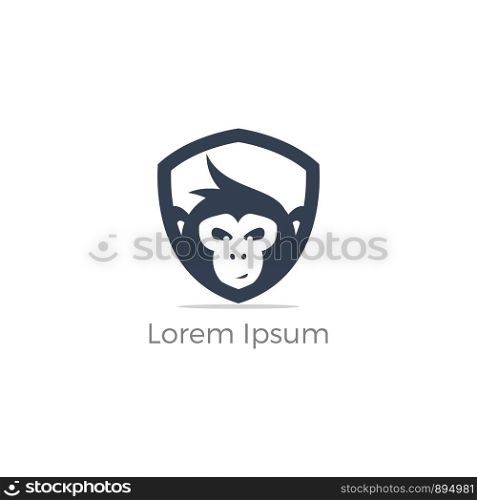 Monkey in shield logo design, chimpanzee face vector icon, animal illustration