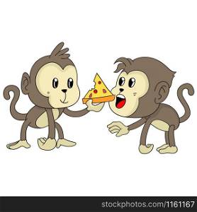 Monkey kids are sharing pizza food. cartoon illustration cute animal sticker