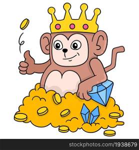 monkey king wearing a rich crown surrounded by abundant gold treasure