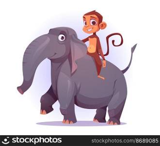 Monkey riding on elephant back, cute cartoon characters, funny ape mascot smiling, game or book personages portrait, mammal wild jungle creatures isolated on white background, Vector illustration. Monkey riding on elephant back, cartoon characters