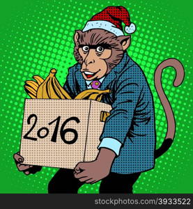 Monkey Santa Claus symbol new year 2016. Character pet monkey, carries a box of bananas gifts pop art retro style