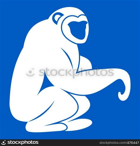 Monkey sitting icon white isolated on blue background vector illustration. Monkey sitting icon white
