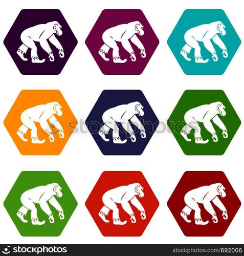 Monkey standing icon set many color hexahedron isolated on white vector illustration. Monkey standing icon set color hexahedron