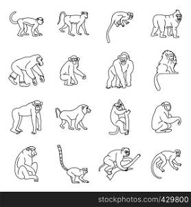 Monkey types icons set. Outline illustration of 16 monkey types vector icons for web. Monkey types icons set, outline style