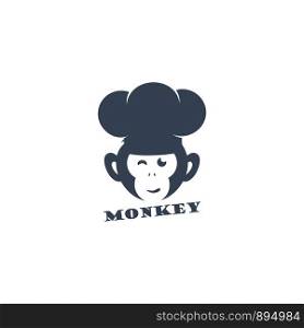 Monkey with chef hat logo design, cook chimpanzee face vector icon, animal illustration