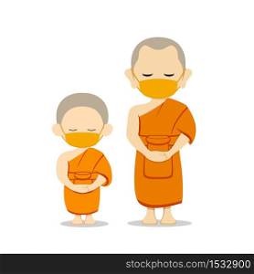 Monks and novices Thailand, with in put fabric yellow mask, prevent communicable diseases vector, illustrations