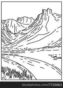 Mono line art illustration of Gates of the Arctic National Park and Preserve in the Brooks Range of northern Alaska, USA done in in retro black and white monoline line art style poster.. Gates of the Arctic National Park and Preserve in the Brooks Range of Northern Alaska USA Mono Line Art Poster 