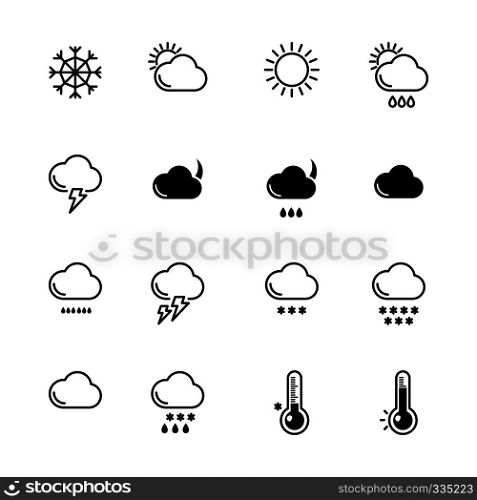 Mono line icons set. Weather symbols. Wind, rain and sunny illustration. Monochrome symbol weather, snowflake and sun. Mono line icons set. Weather symbols. Wind, rain and sunny illustrations