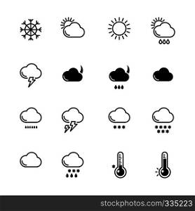 Mono line icons set. Weather symbols. Wind, rain and sunny illustration. Monochrome symbol weather, snowflake and sun. Mono line icons set. Weather symbols. Wind, rain and sunny illustrations