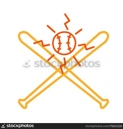 Mono line illustration of a crossed baseball bat with ball done in monoline style on isolated white background.. Crossed Baseball Bat and Ball Monoline