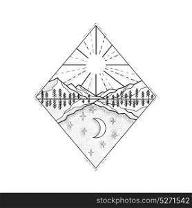 Mono line illustration of a day and night symbol with sun and mountains on top and stars and moon below set inside diamond done in black and white.. Day Sun and Night Moon Monoline