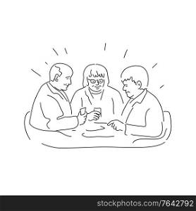 Mono line illustration of a group of elderly or senior patients in rest home or residential facility playing cards done in monoline black and white style.. Group of Elderly or Senior Patients in Residential Care Facility Playing Cards Monoline Style