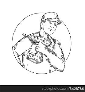 Mono line illustration of a handyman, builder, carpenter or construction worker holding a cordless drill set inside circle done in black and white.. Handyman Cordless Drill Mono Line