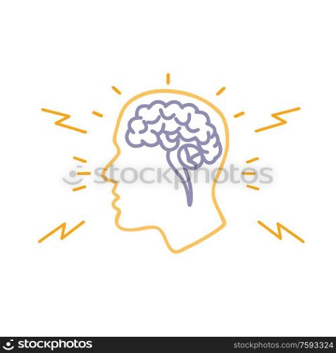 Mono line illustration of a human head with brain neural activity done in monoline style.. Human Brain Activity Monoline