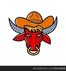 Mono line illustration of a red texas longhorn bull wearing a cowboy hat and nose ring viewed from front on isolated background done in monoline style.. Bull Cowboy Hat Mono Line Art