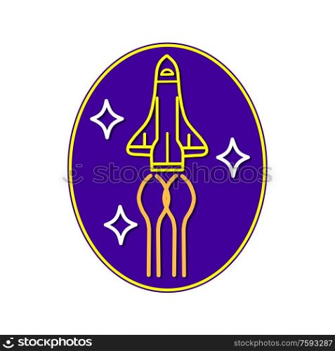 Mono line illustration of a space shuttle cruising in space passing stars inside blue oval shape done in monoline style.. Space Shuttle Cruising Mono Line Oval