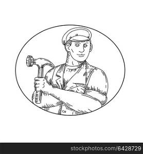 Mono line illustration of a vintage carpenter, handyman, builder or construction worker wearing a hat holding a hammer set inside oval done in black and white.. Vintage Carpenter Hammer Mono Line