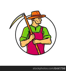 Mono line illustration of an organic farmer, agriculturist or agriculturer, holding scythe, an agricultural hand tool, on shoulder looking to side set inside circle done in monoline style.. Organic Farmer Scythe Mono Line Art