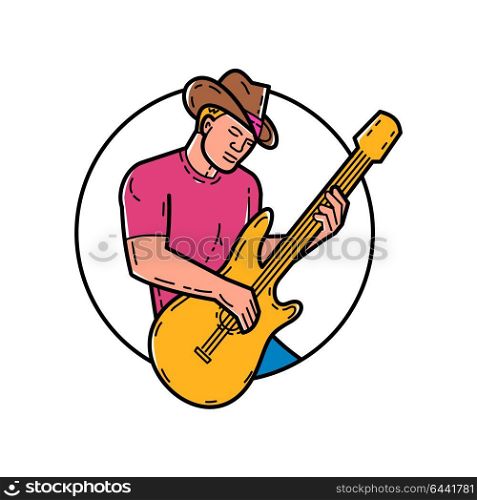 Mono line illustration of cowboy rocker, guitarist, band member, musician or guitar player, playing the guitar set inside circle done in monoline style.. Cowboy Rocker Guitarist Mono Line Art