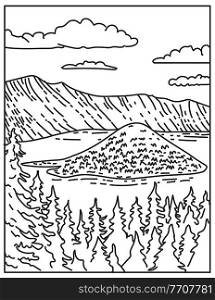 Mono line illustration of Crater Lake in within Crater Lake National Park located in south-central Oregon, United States of America done in retro black and white monoline line art style.. Crater Lake in Within Crater Lake National Park Located in South-Central Oregon United States Mono Line or Monoline Black and White Line Art