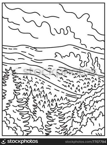 Mono line illustration of Great Smoky Mountains National Park between the border North Carolina and Tennessee, United States of America done in retro black and white monoline line art style.. Great Smoky Mountains National Park Between the Border North Carolina and Tennessee United States Mono Line or Monoline Black and White Line Art