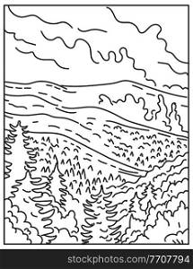 Mono line illustration of Great Smoky Mountains National Park between the border North Carolina and Tennessee, United States of America done in retro black and white monoline line art style.. Great Smoky Mountains National Park Between the Border North Carolina and Tennessee United States Mono Line or Monoline Black and White Line Art