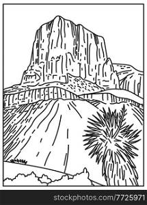 Mono line illustration of Guadalupe Mountains National Park in West Texas USA done in in retro black and white monoline line art style poster.. Guadalupe Mountains National Park in West Texas USA Mono Line Poster Art 