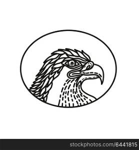 Mono line illustration of head of a sea eagle, bald eagle,a large bird of prey of the family Accipitridae, viewed from side set inside oval shape done in monoline style.. Eagle Head Side Mono Line