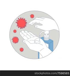 Mono line illustration of microscopic coronavirus cell floating with hand pumping hand sanitizer antiseptic disinfectant soap dispenser cleaning and disinfecting to prevent infection set in circle.. Coronavirus Hand Sanitizer Monoline Circle