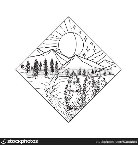 Mono line illustration of Night and Day Sun and Moon stars with mountain river and trees set inside diamond shape on isolated background done in black and white.. Night Day Sun and Moon Monoline